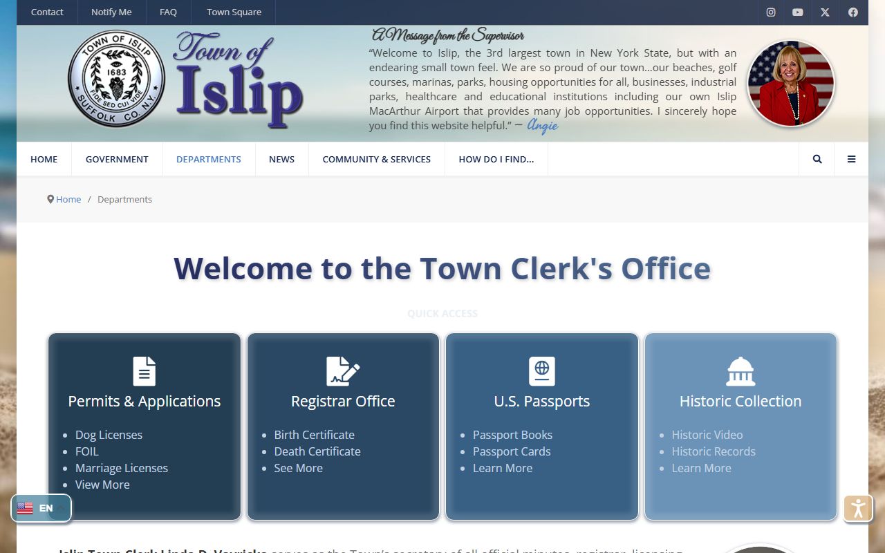 Islip Town Clerk office page