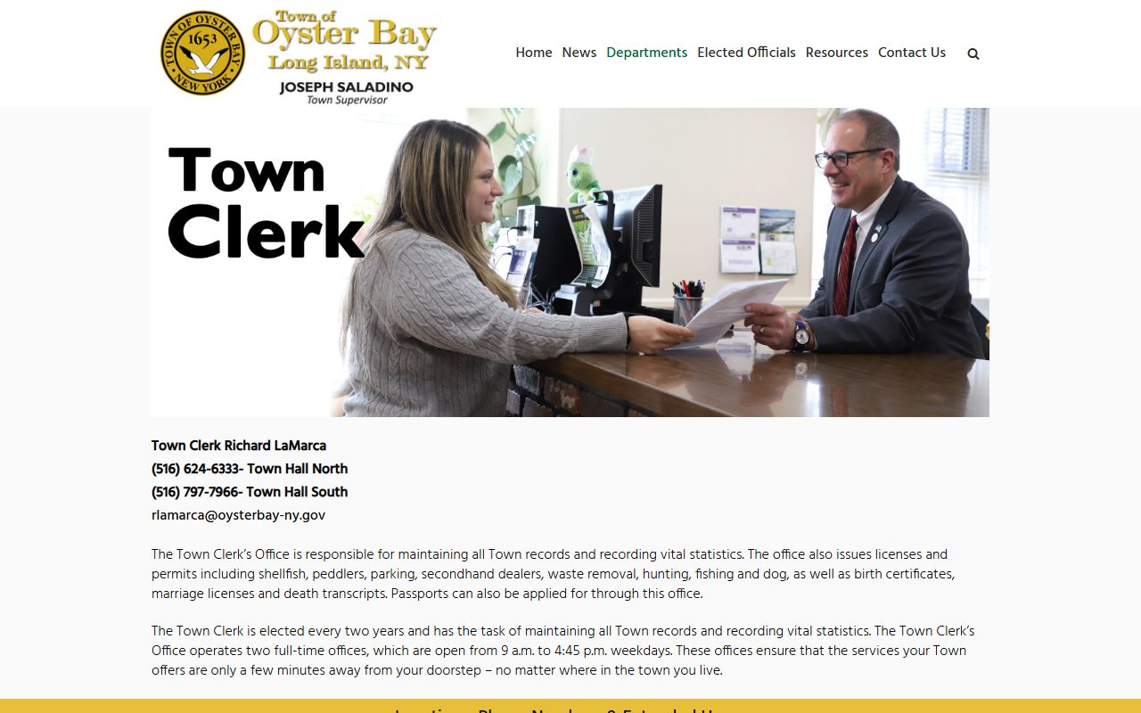 Oyster Bay Town Clerk office page