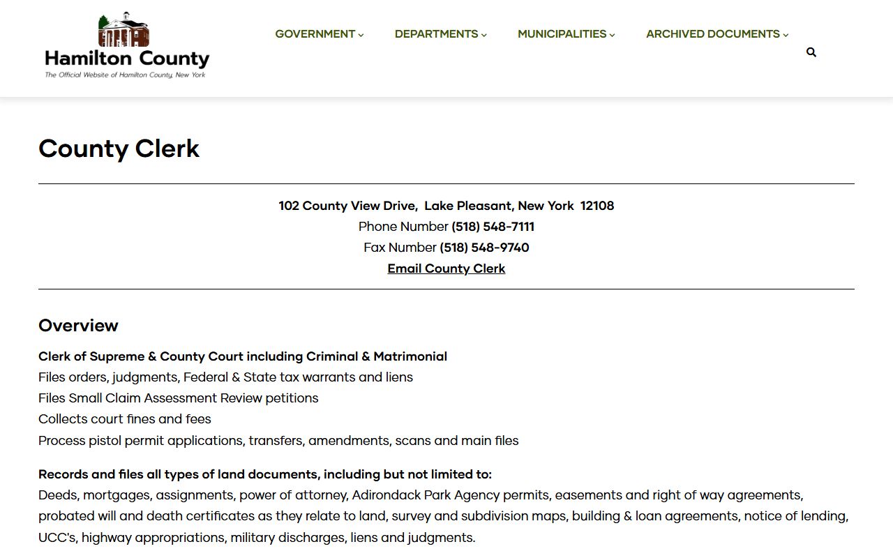 Hamilton County Clerk office page for court docket records