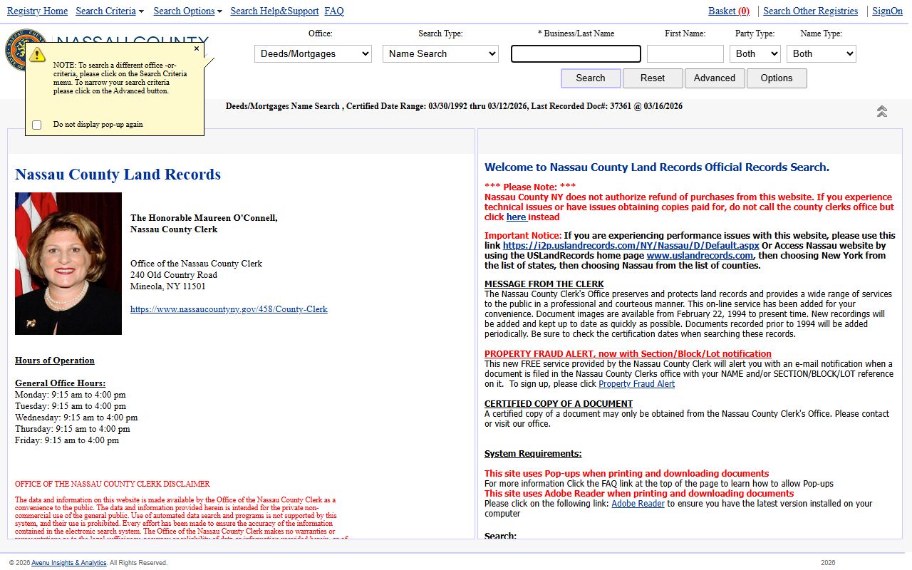Nassau County land records search portal for court docket and property records