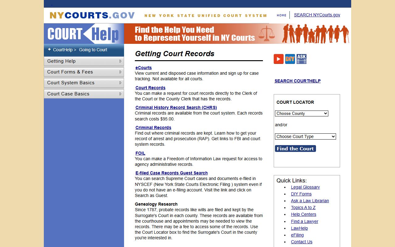 New York State court docket records information page