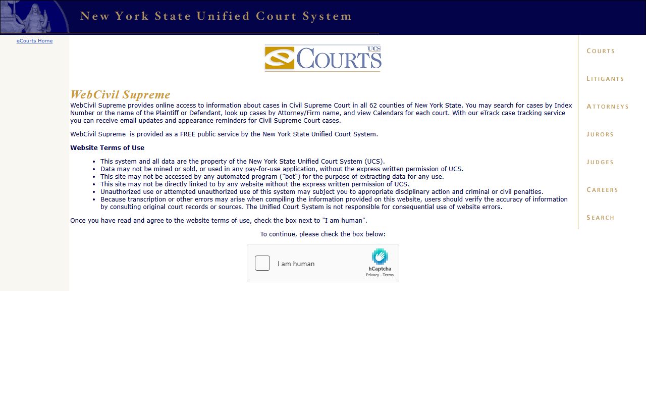 WebCivil Supreme Court docket search portal for New York